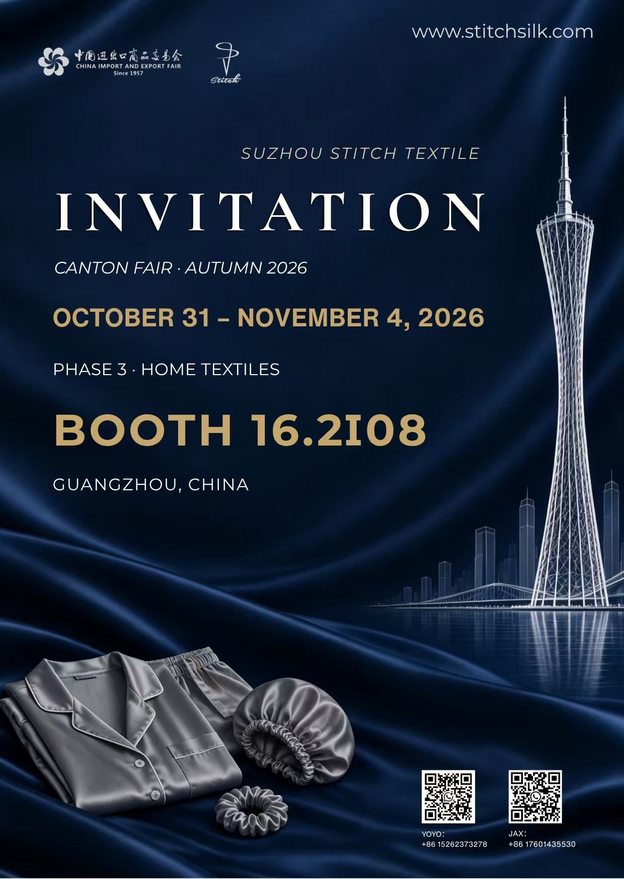 Stitch Textile invitation to Phase 3 of the 140th Canton Fair, October 31–November 4, 2026, Booth 16.2I08