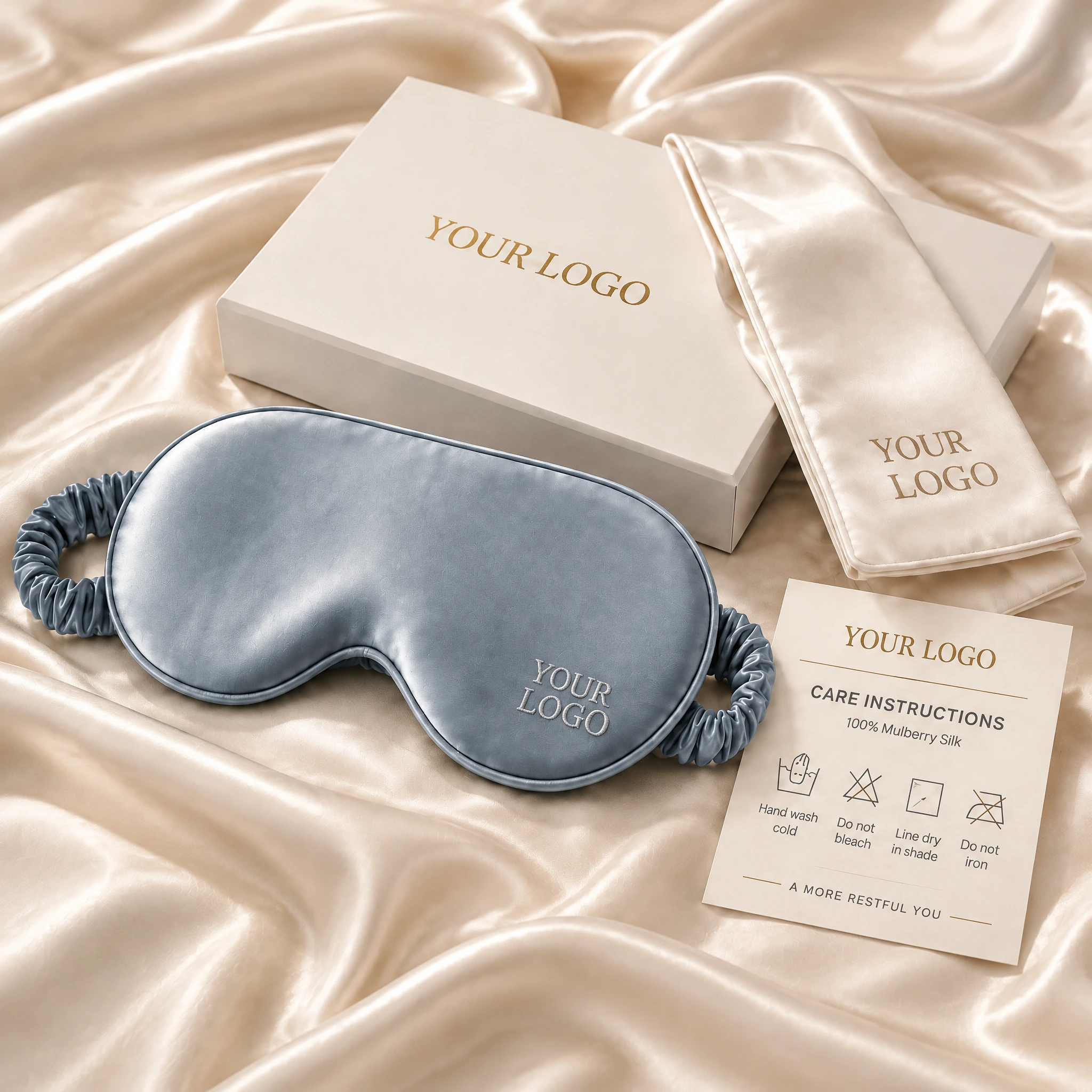 Slate-blue silk sleep mask with custom logo gift box, pouch and care card