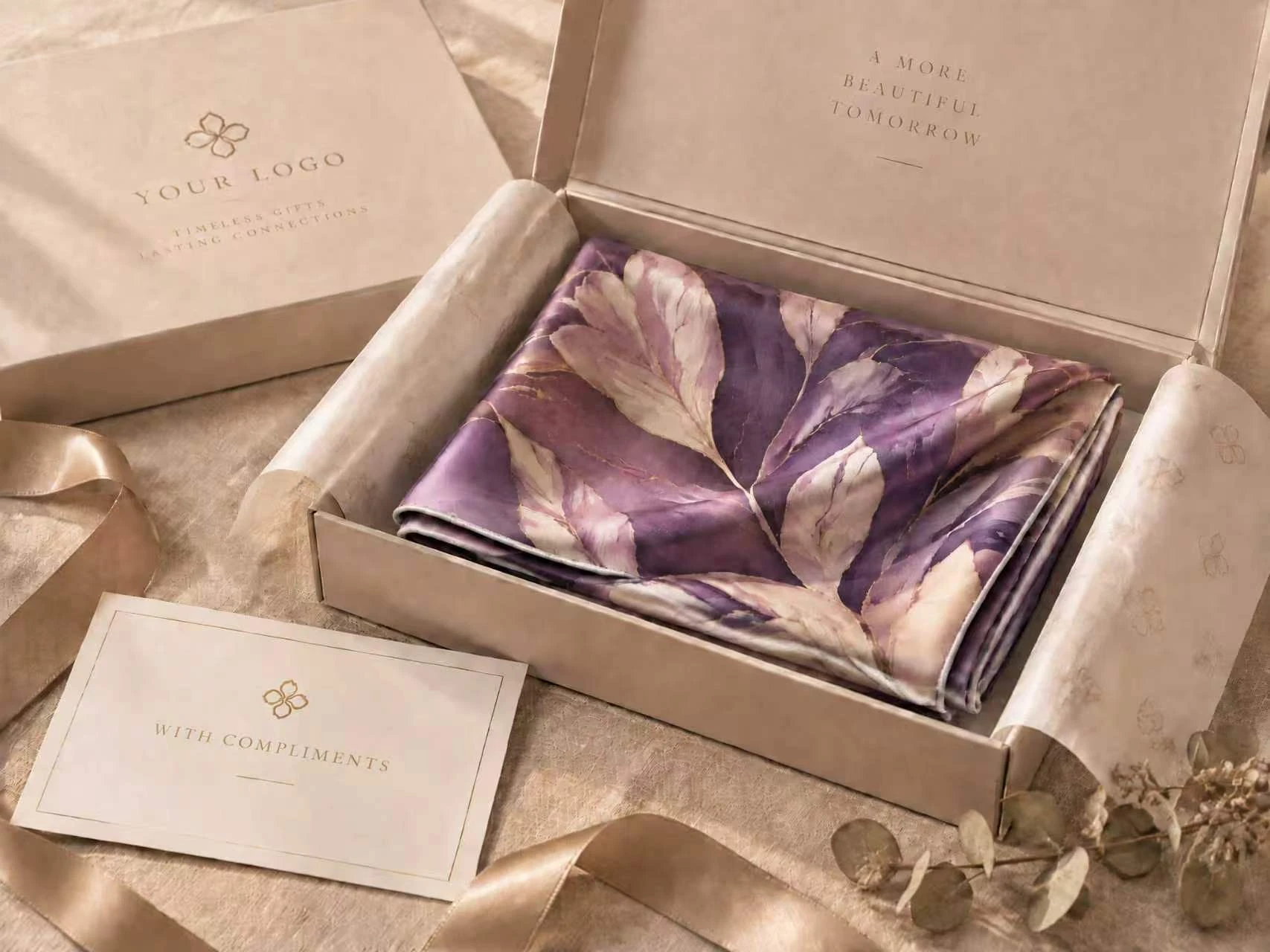 Purple floral silk scarf in branded gift box with insert card