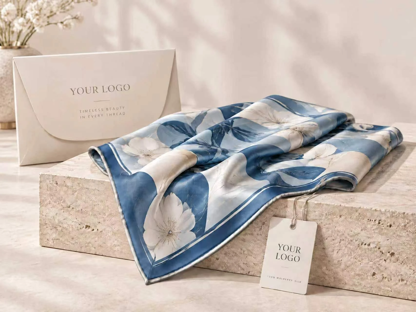 Blue floral silk scarf with private-label envelope packaging and hang tag