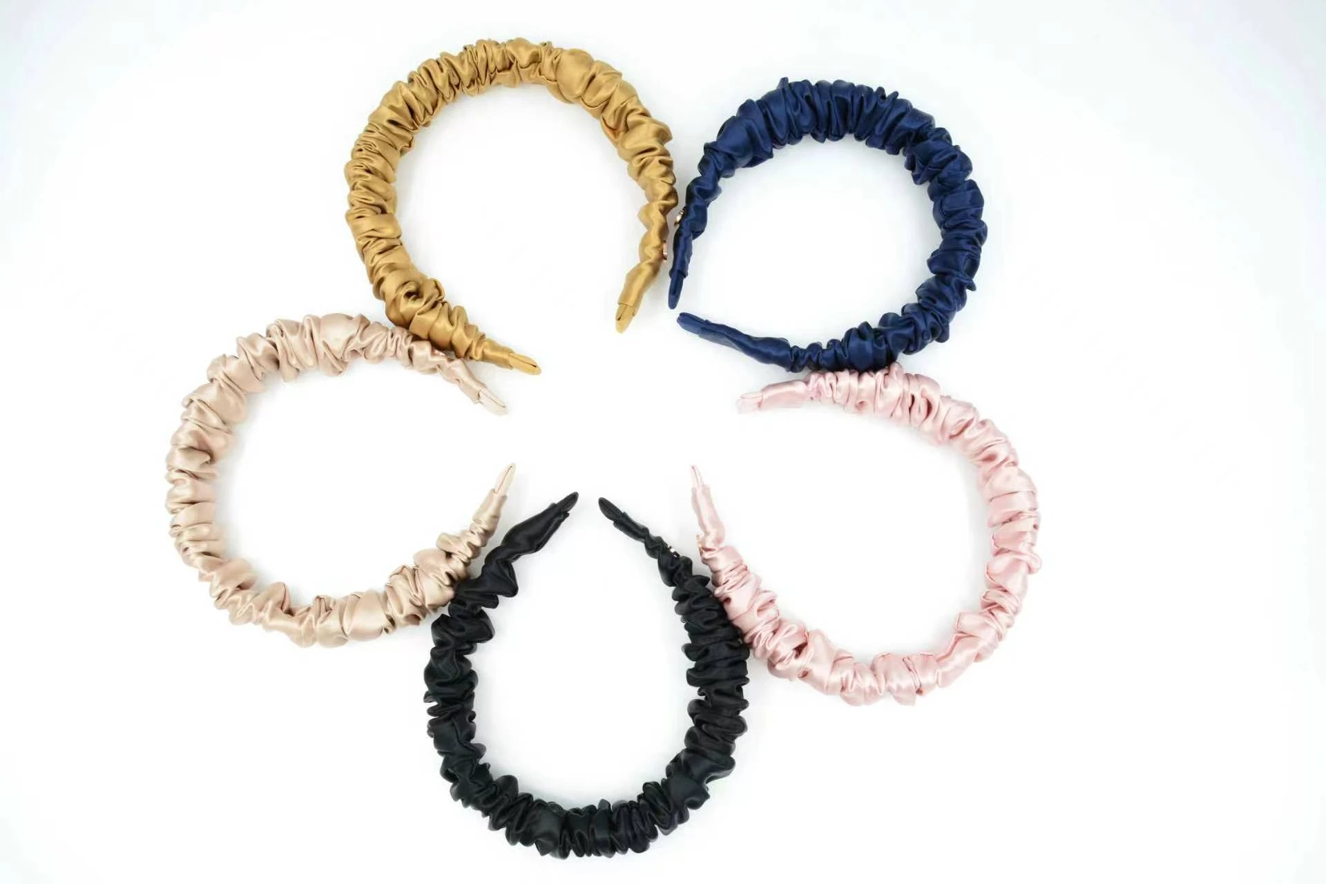 Silk headbands in gold, navy, champagne, pink and black for custom color development